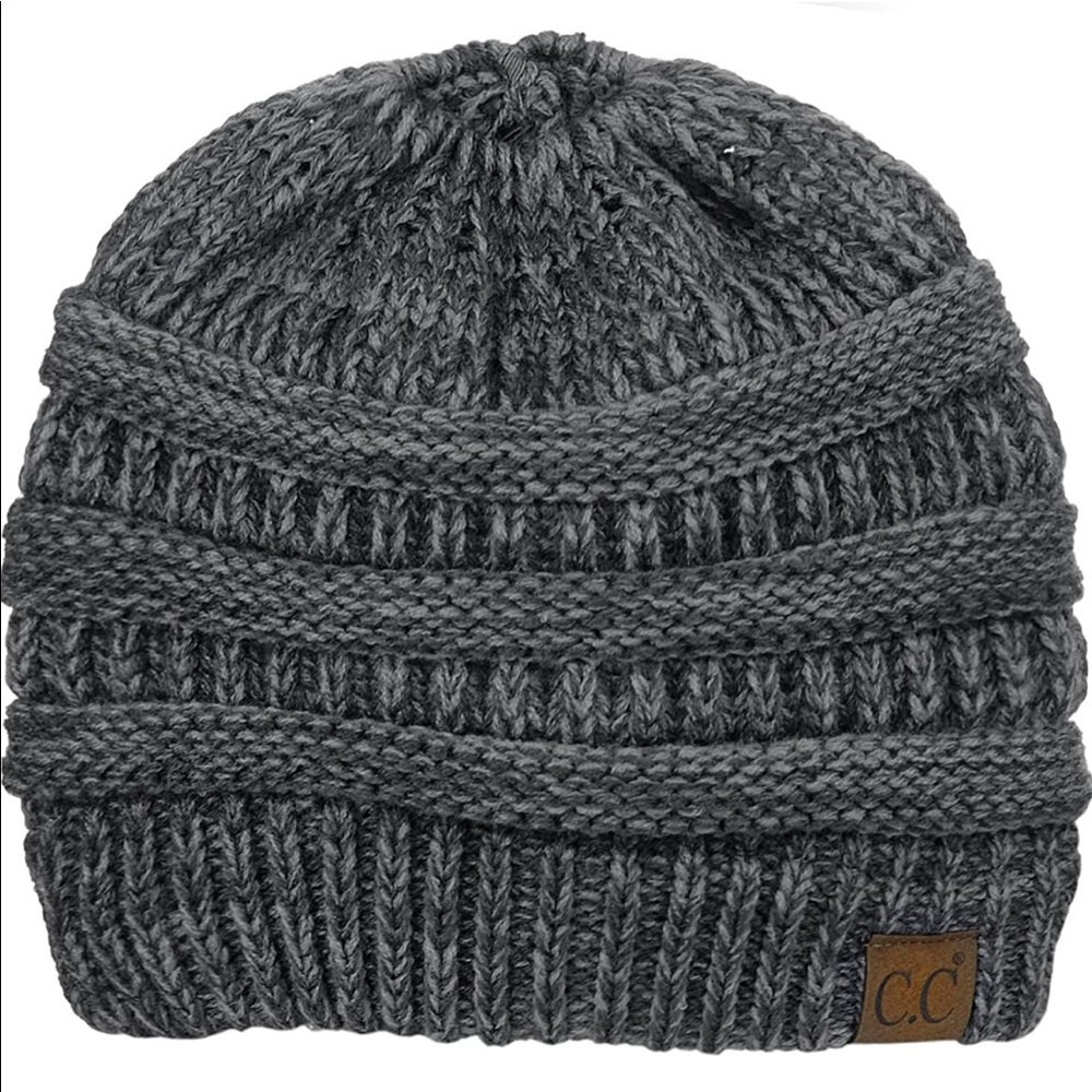 Gray C.C. Soft Stretch Cable Knit Ponytail Beanie Hat